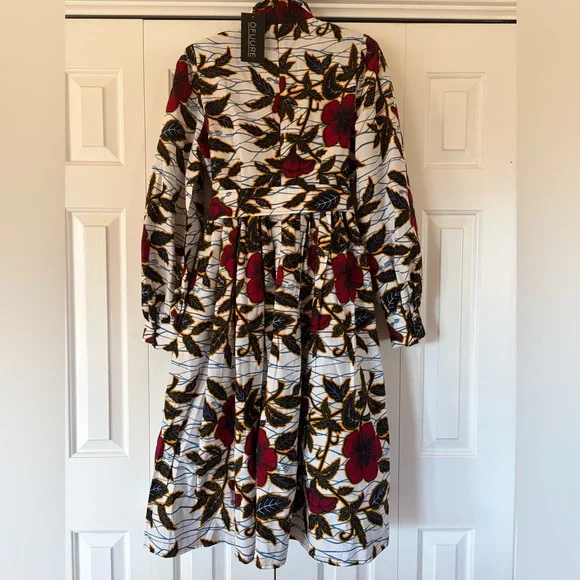 Floral African Print Long Sleeve Dress by Ofuure. Side Pockets, back Zip. Size M - Picture 2 of 13